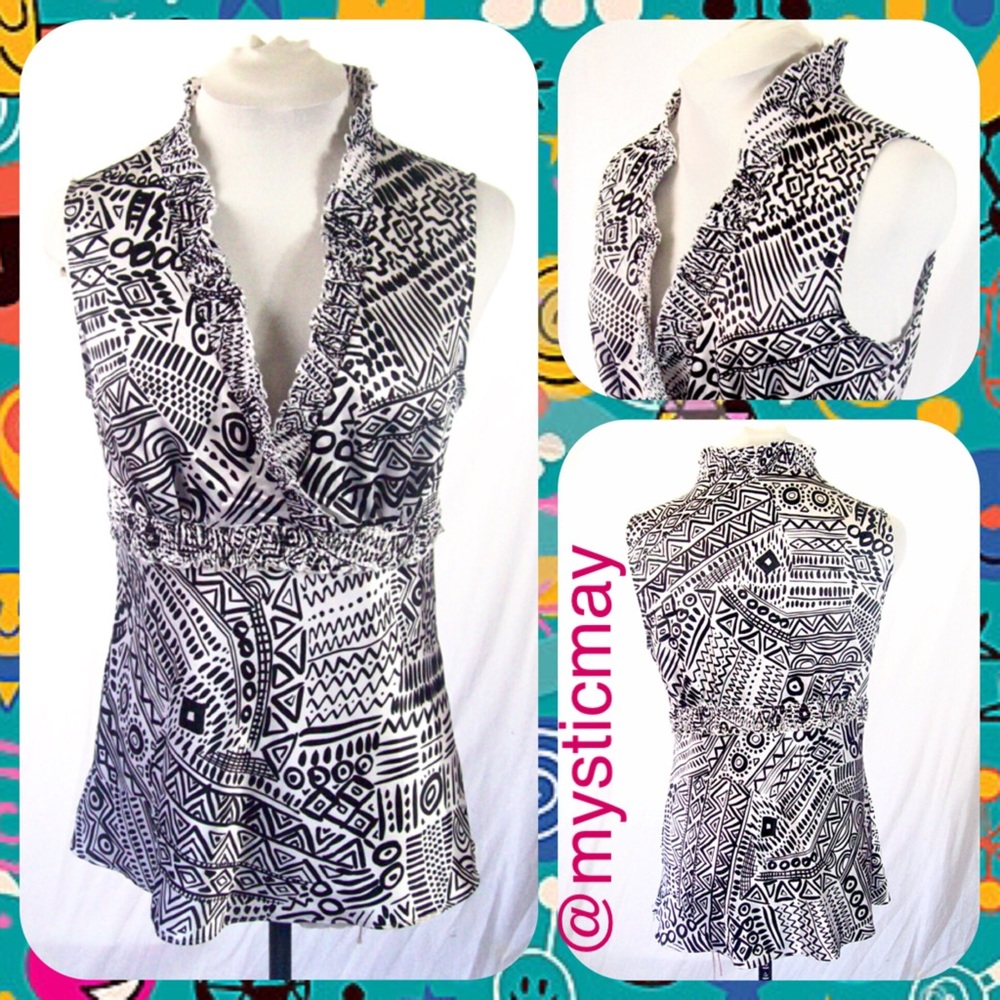 SPENSE Black w White Abstract Print Sleeveless Babydoll Top Blouse Size M